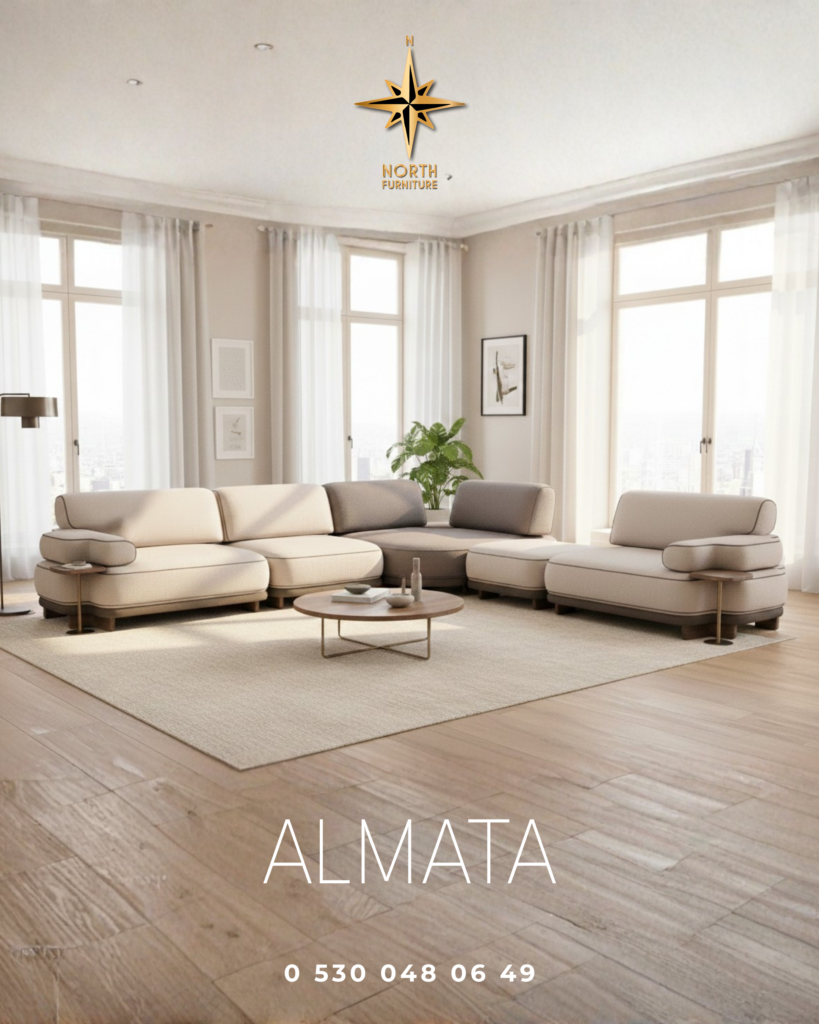 North Furniture Almata köşe koltuk takımı modern salon dekorasyonu içinde
